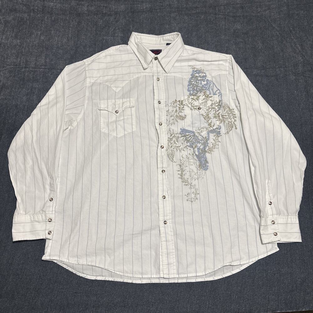 Roper Shirt Mens XXL White Western Pearl Snap Floral Embroidered Cowboy Striped